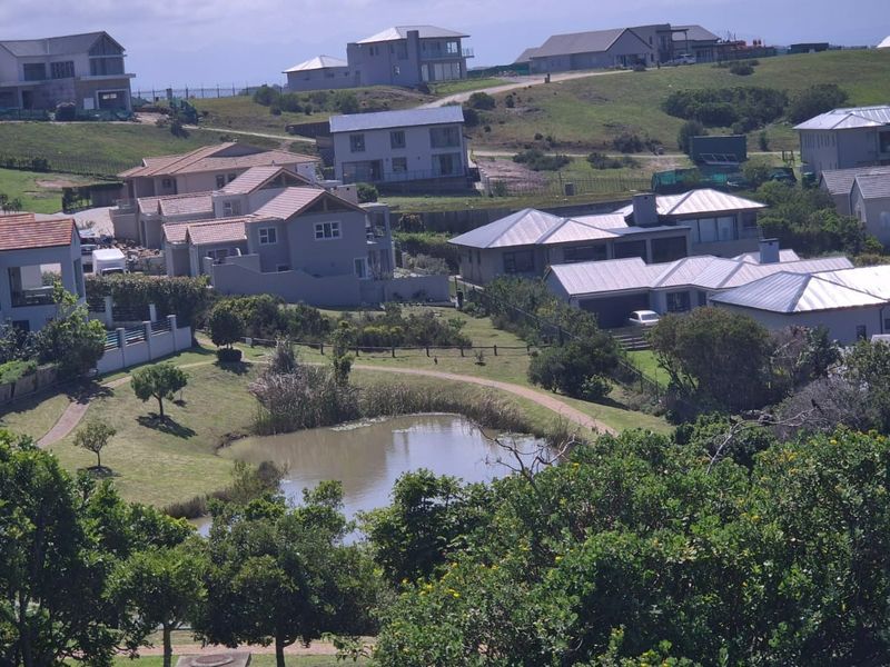 An elevated aerial view of a residential estate featuring multiple modern homes, landscaped green spaces, and a central pond.