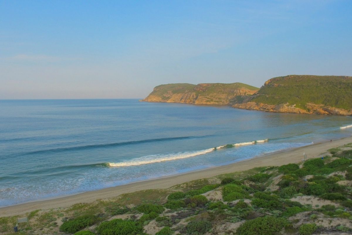 A scenic view of the coastline featuring a sandy beach, rolling dunes, and ocean waves against a backdrop of coastal hills.