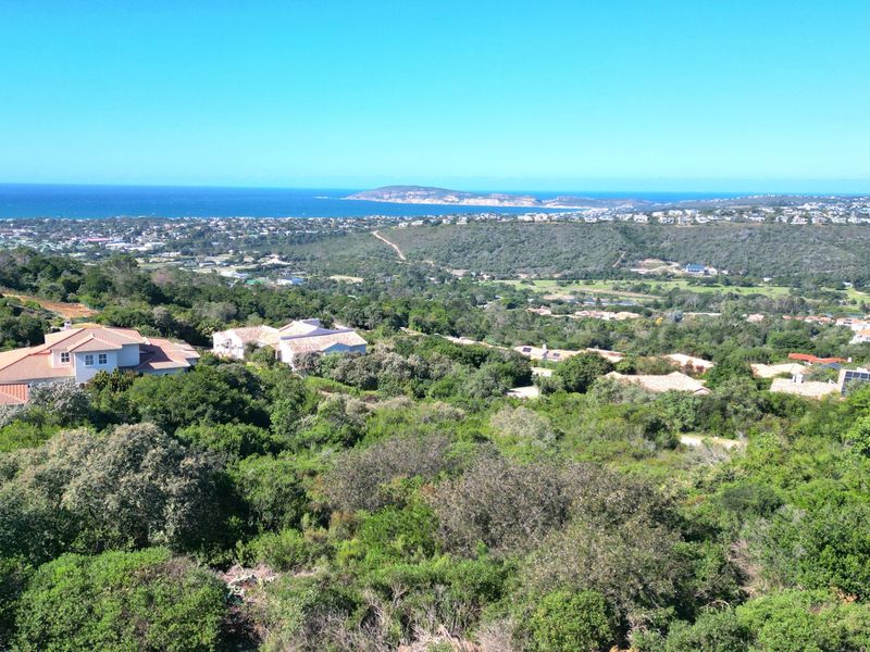 An elevated panoramic view overlooking the surrounding coastal landscape, residential properties, and the ocean in the distance.