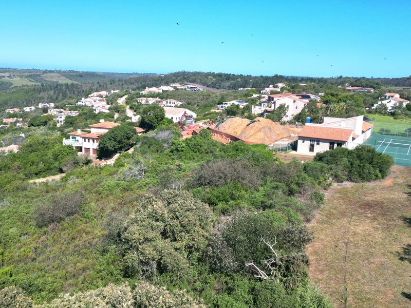 Aerial view of the residential estate featuring surrounding greenery, established homes, and a private tennis court.
