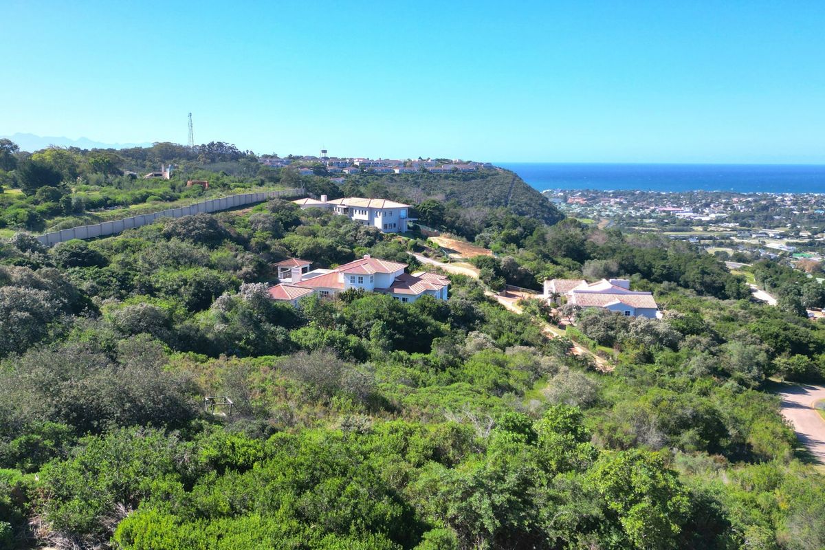 An aerial view of a coastal residential estate surrounded by lush natural vegetation with ocean views in the distance.
