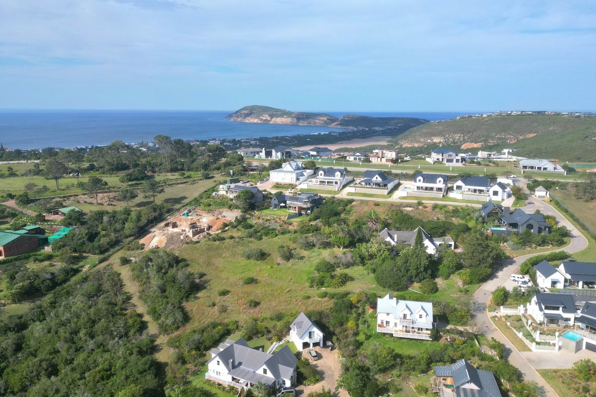 An aerial view of a coastal residential estate featuring established homes, natural vegetation, and scenic ocean views.
