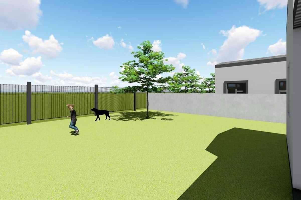 A digital rendering of a private rear garden featuring a lawn, concrete boundary wall, and mesh perimeter fencing.