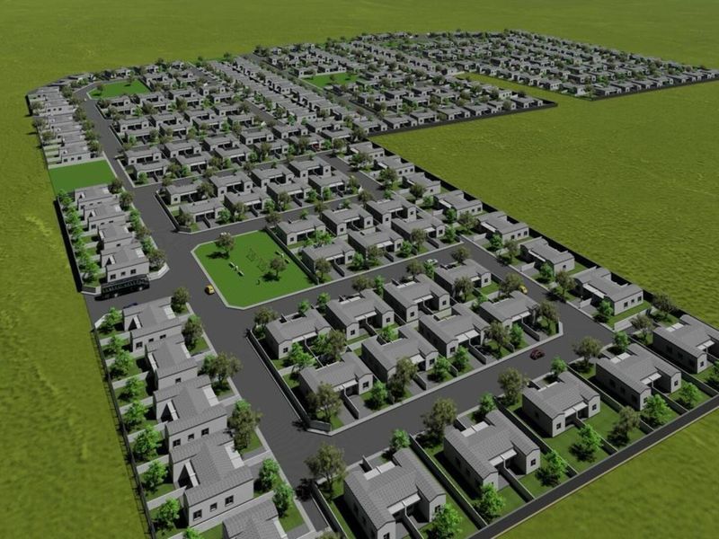 An aerial 3D render showing the master plan layout of a residential townhouse estate with paved roads and communal green areas.