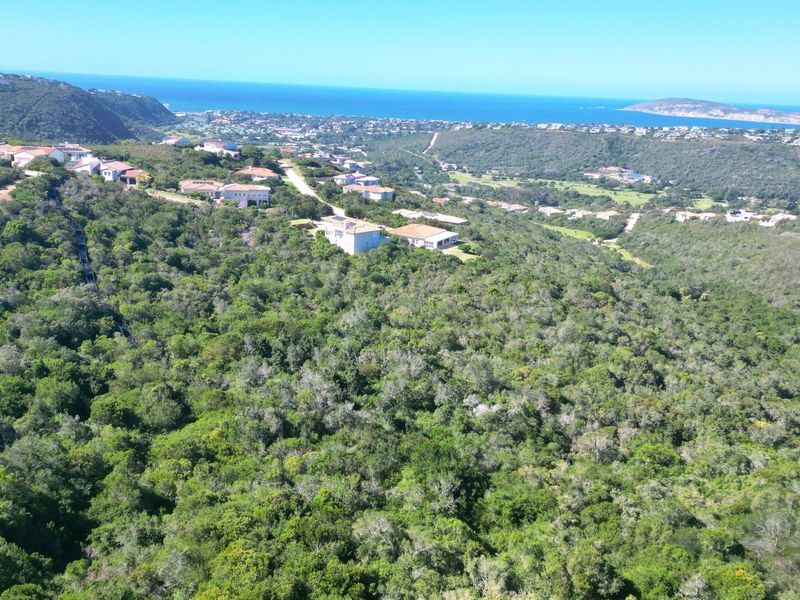 An aerial view of a large, undeveloped residential plot surrounded by dense native vegetation with distant coastal and ocean views.