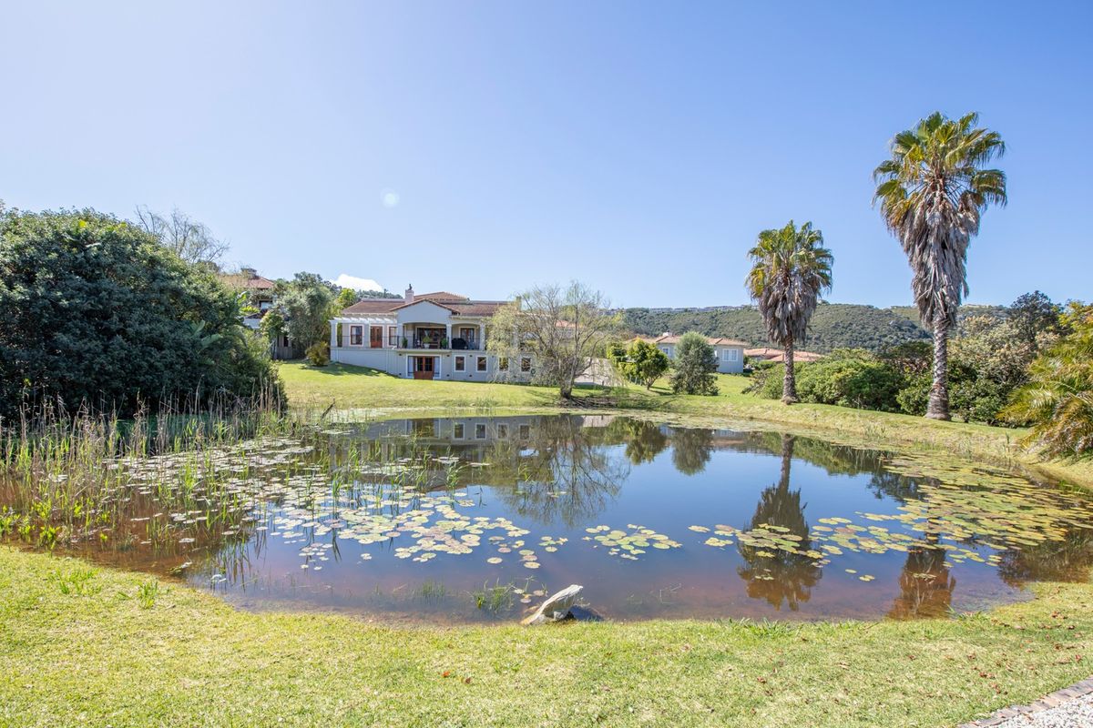 A scenic view of a residential property featuring a tranquil pond, manicured lawn, and mature palm trees in a peaceful garden setting.