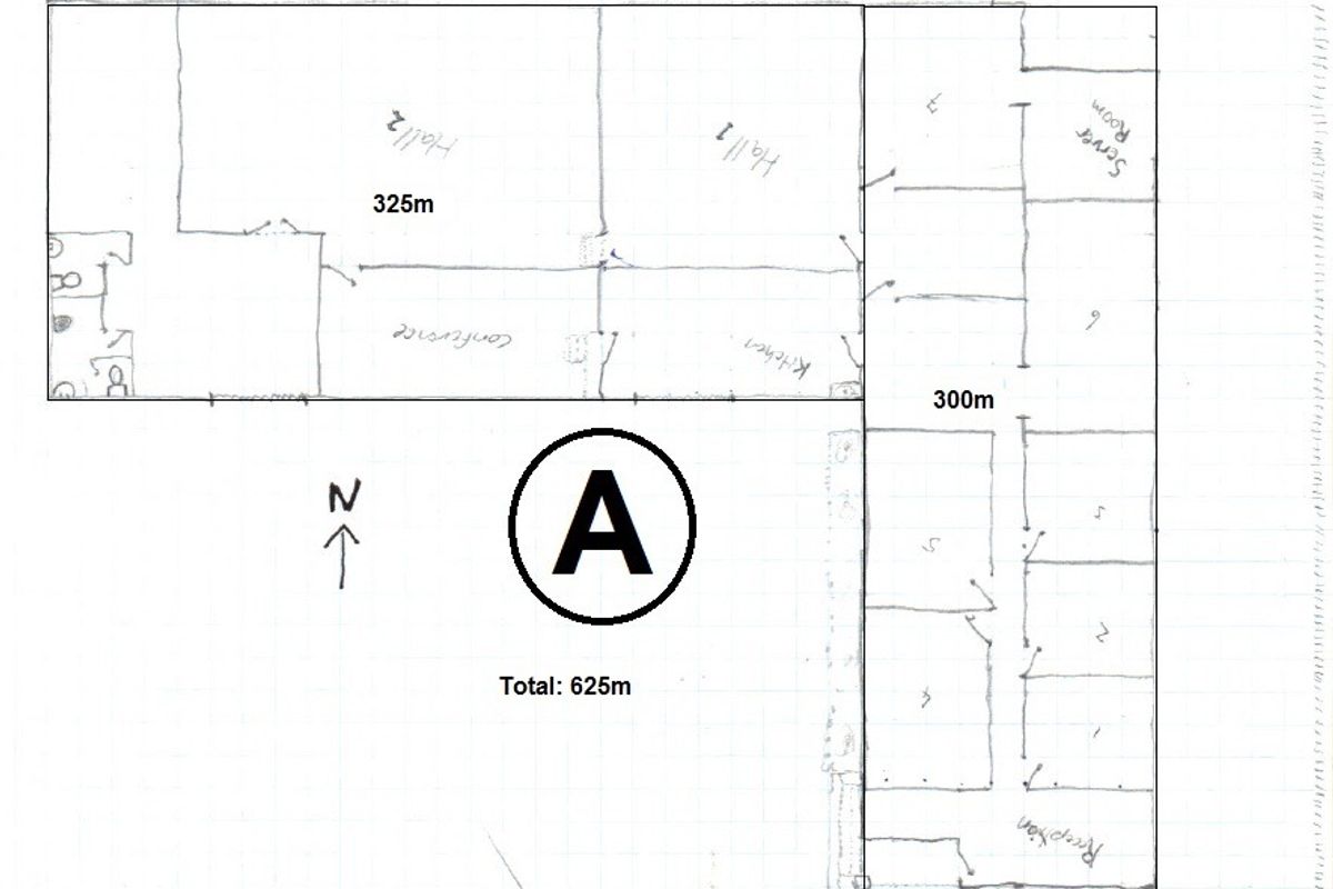 Hand-drawn floor plan of an office space showing layout, room labels, and total area measurements.