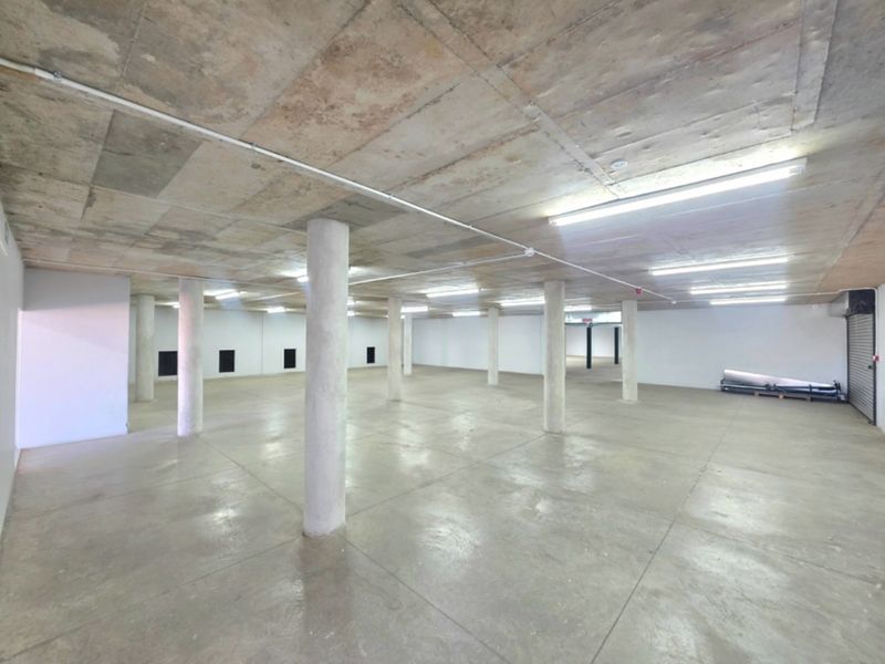 Spacious industrial utility area featuring exposed concrete ceilings, support columns, polished concrete floors, and functional overhead strip lighting.