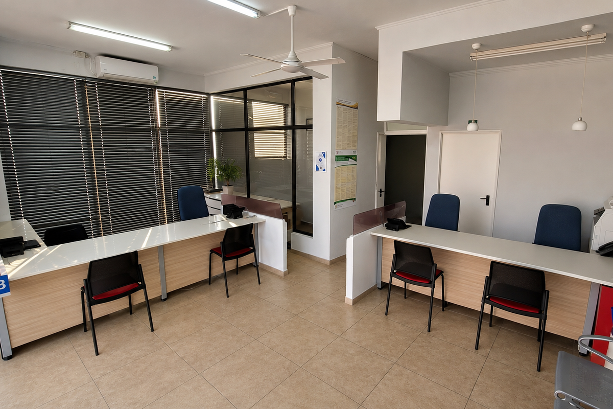 A professional office space featuring built-in reception counters, tiled flooring, split-system air conditioning, and large windows with venetian blinds for natural light control.