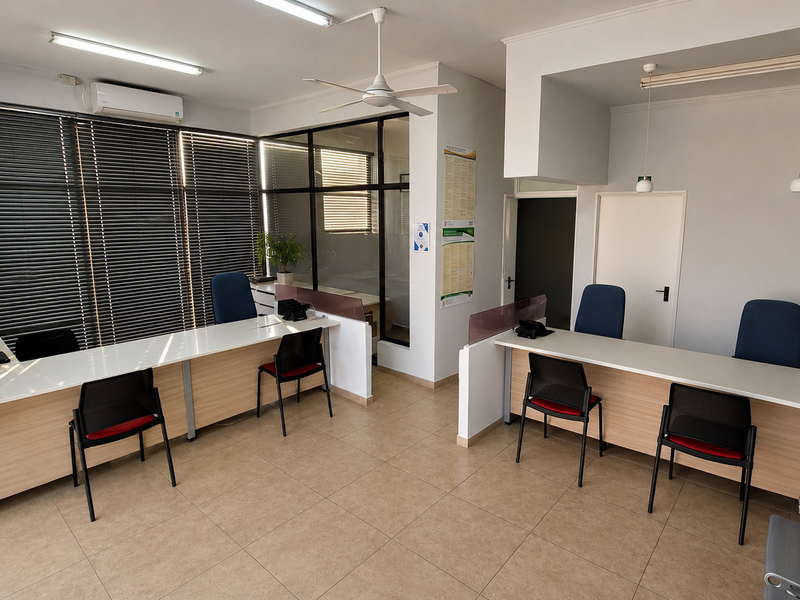 A professional office space featuring built-in reception counters, tiled flooring, split-system air conditioning, and large windows with venetian blinds for natural light control.