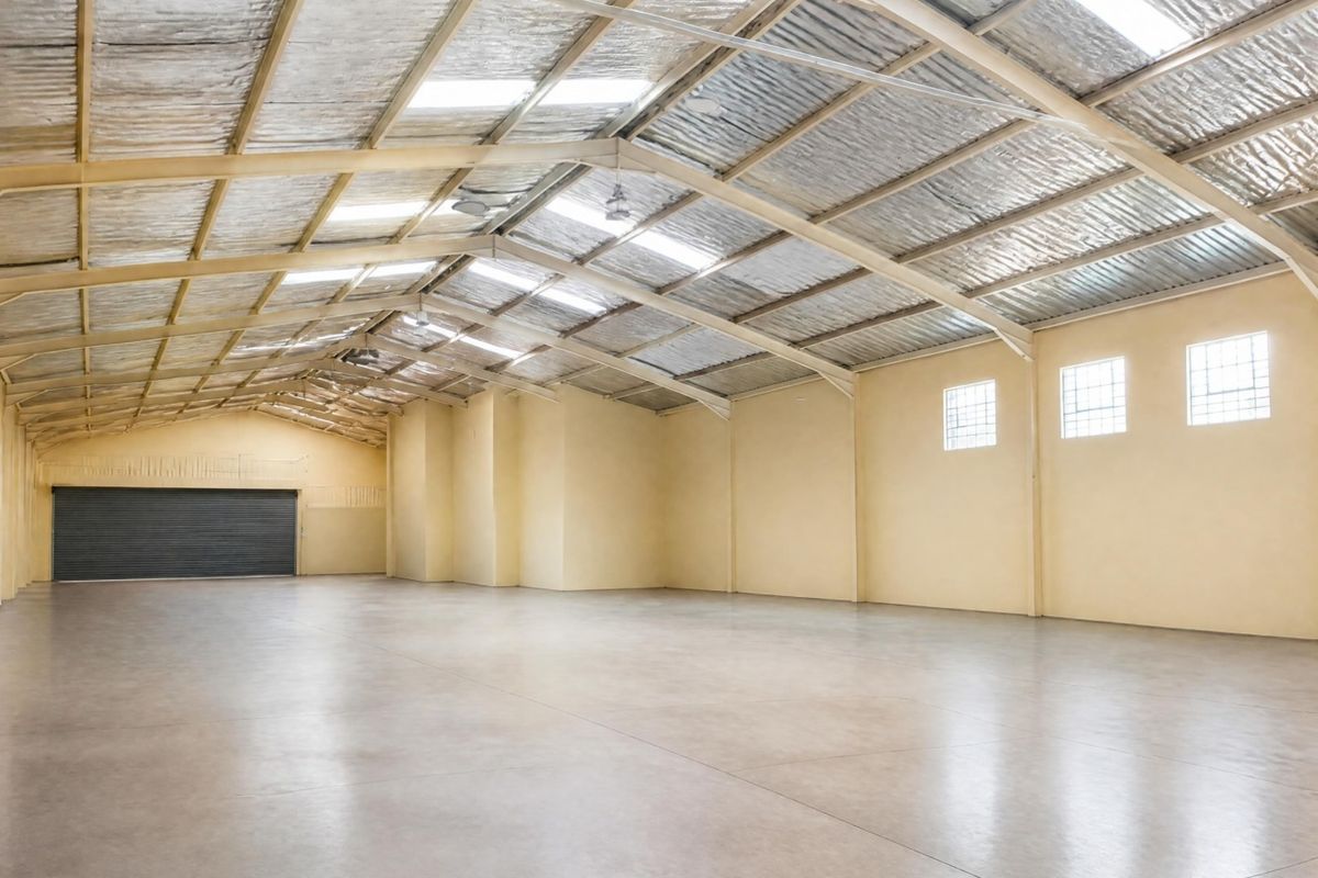 Spacious open-plan office or warehouse area featuring high exposed steel truss ceilings, polished concrete flooring, and natural light from skylights and glass block windows.