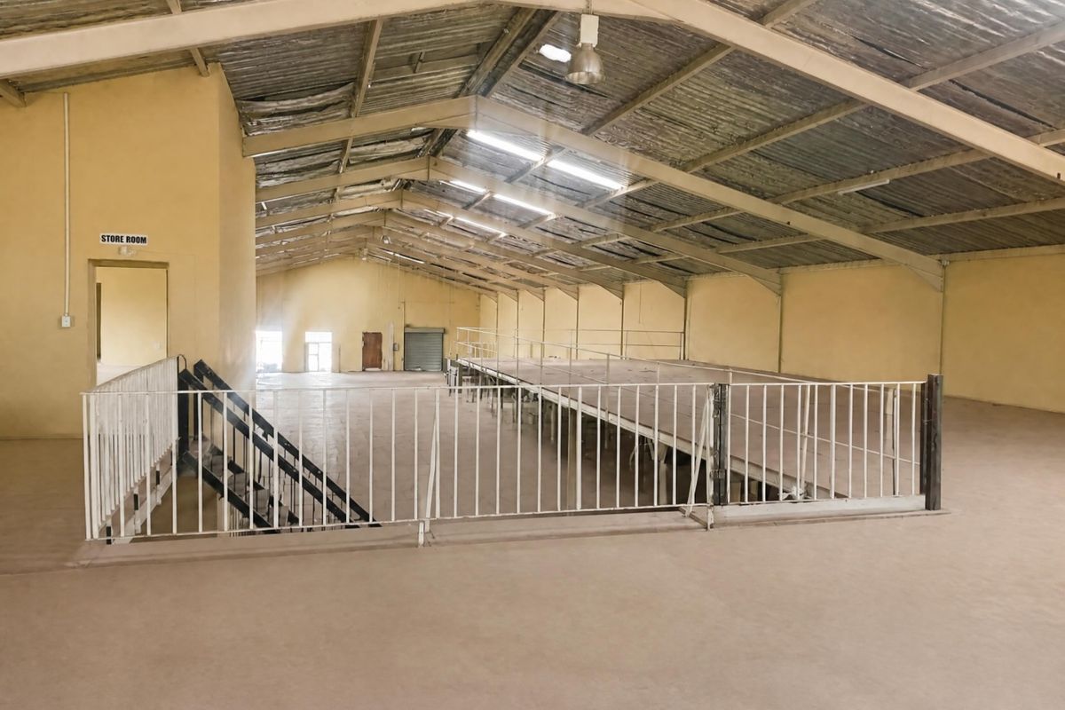 Spacious open-plan office area featuring a mezzanine level, industrial steel roof structure, and concrete flooring, suitable for versatile commercial use.
