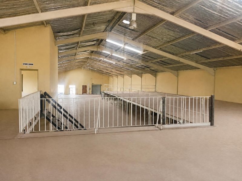 Spacious open-plan office area featuring a mezzanine level, industrial steel roof structure, and concrete flooring, suitable for versatile commercial use.