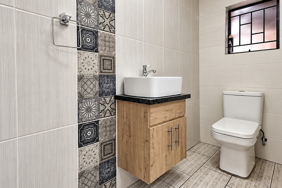 Modern bathroom featuring a wall-mounted wood-finish vanity with a vessel sink, decorative accent tiling, and a clean, contemporary toilet.