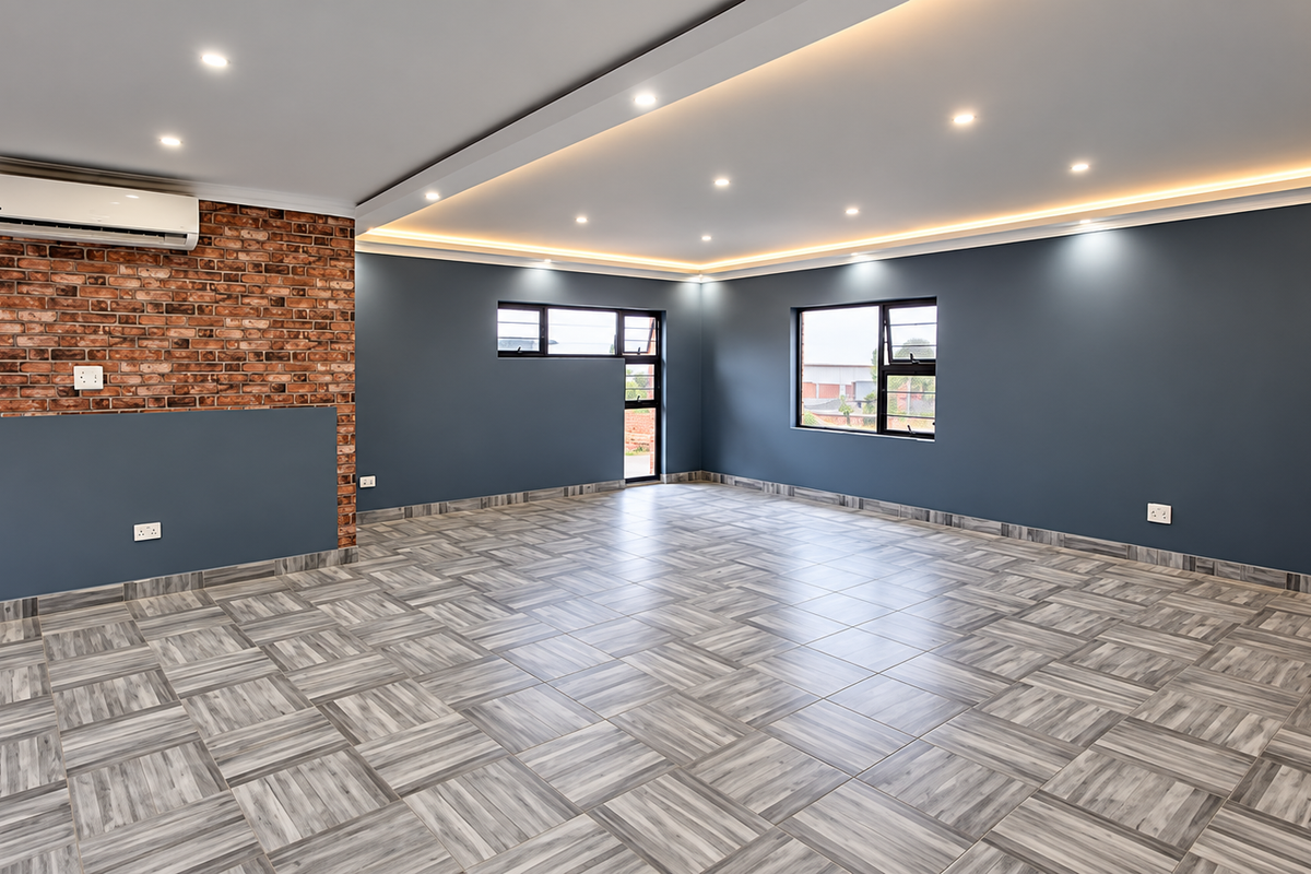 Spacious, modern interior featuring an exposed brick wall, recessed ceiling lighting with cove accents, tiled flooring, and a wall-mounted air conditioning unit.