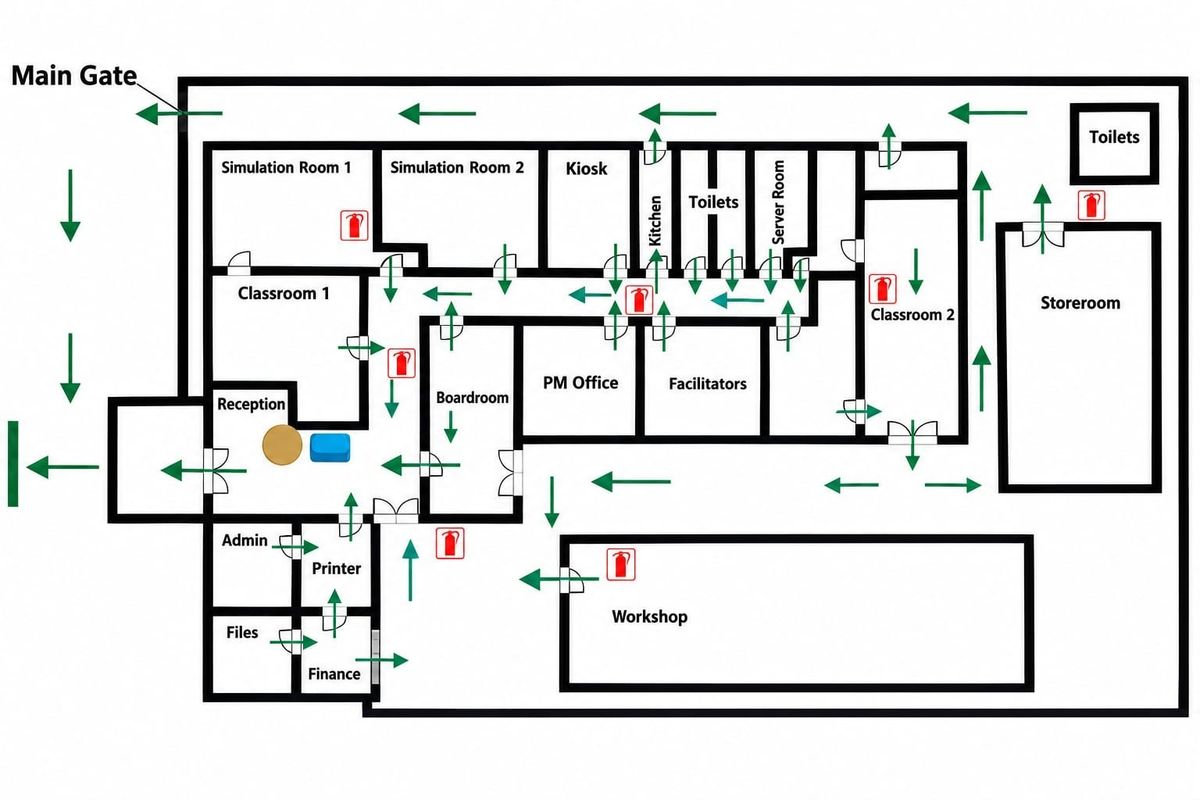 A detailed floor plan layout of the office facility, illustrating the arrangement of rooms, corridors, and access points.
