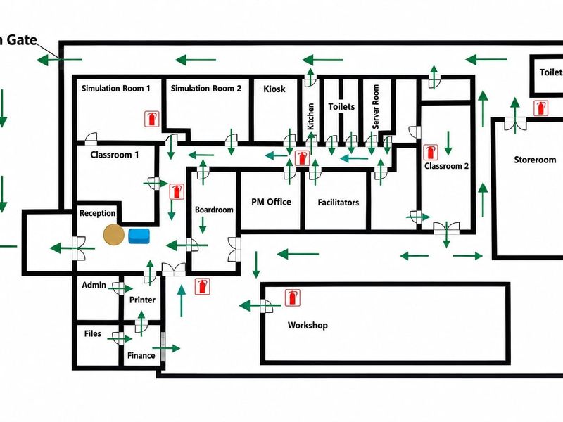 A detailed floor plan layout of the office facility, illustrating the arrangement of rooms, corridors, and access points.