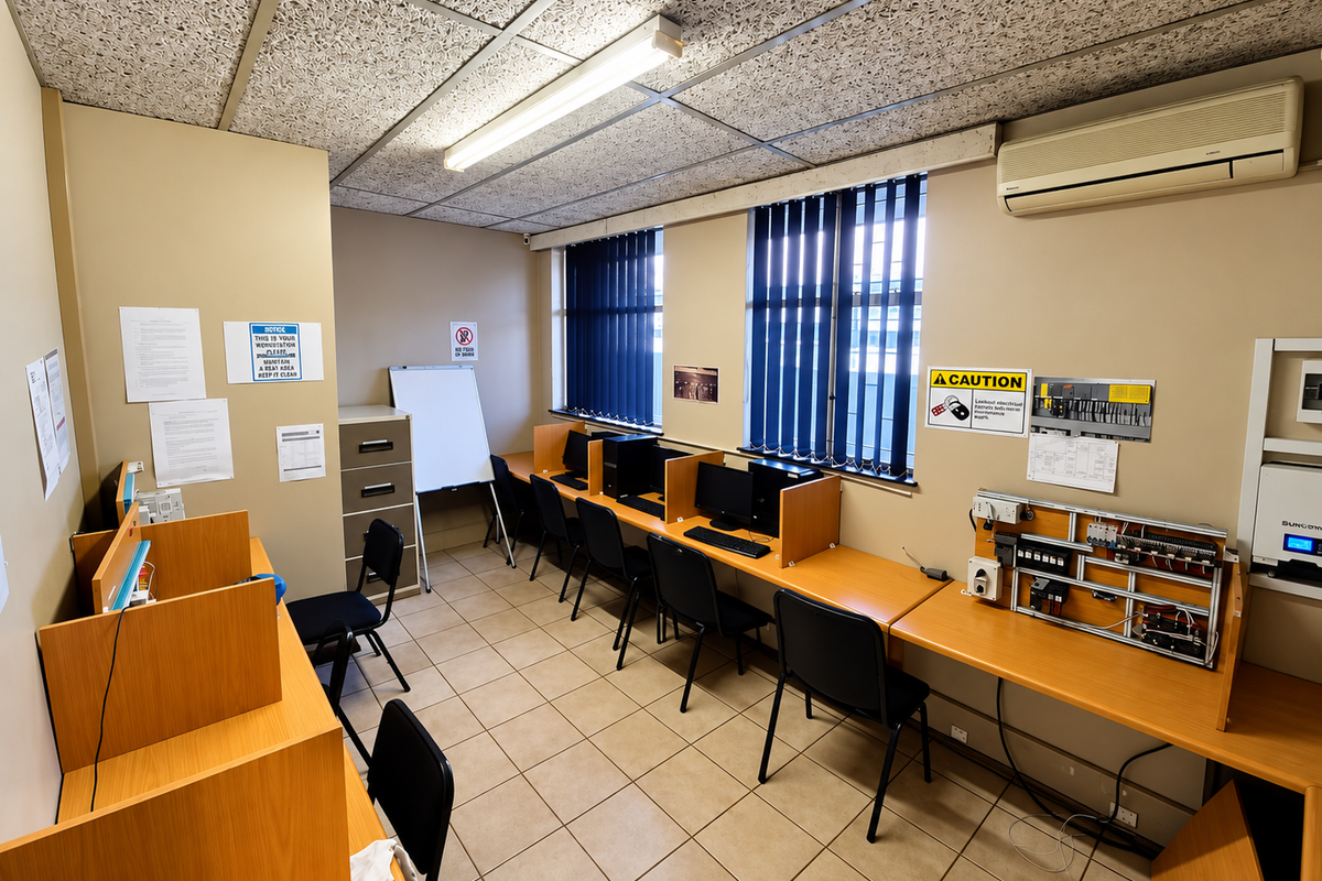 A functional office space featuring built-in desk workstations, acoustic ceiling tiles, tiled flooring, and a wall-mounted split-system air conditioning unit.