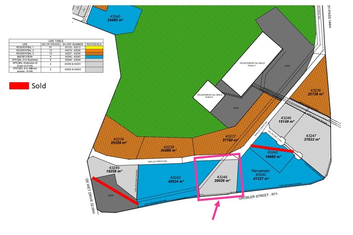 A site layout plan showing the subdivision of commercial land parcels with specific erf numbers and area measurements.