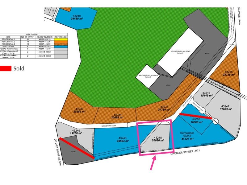 A site layout plan showing the subdivision of commercial land parcels with specific erf numbers and area measurements.
