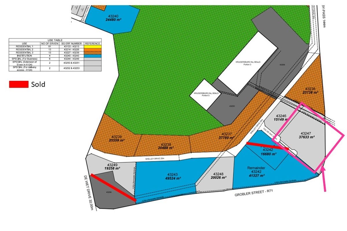 A detailed site layout plan showing various commercial land plots, their respective sizes in square meters, and road access points.