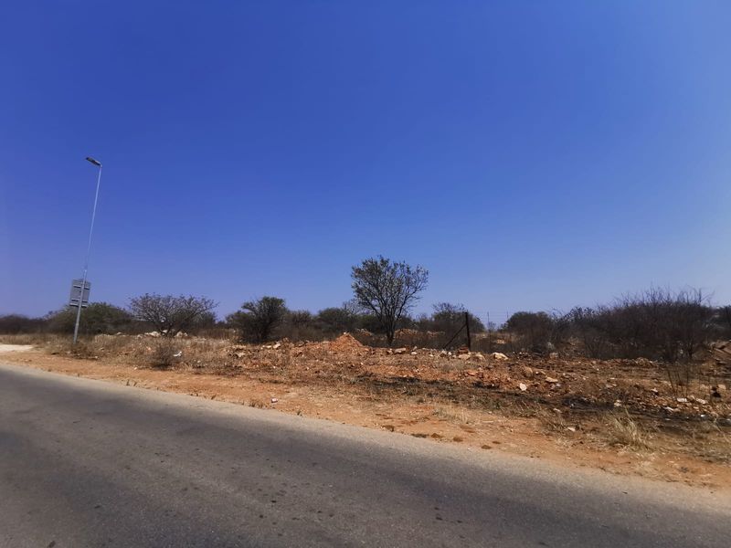 A street-level view of the vacant commercial land, showing the adjacent asphalt road, street lighting, and natural terrain.