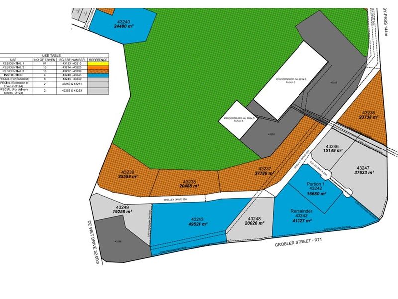 A detailed site layout plan illustrating the subdivision of commercial land parcels, including erf numbers, area measurements, and access roads.