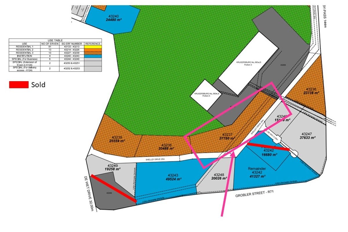 A detailed site layout plan showing various commercial land plots, their respective sizes in square meters, and road access points.