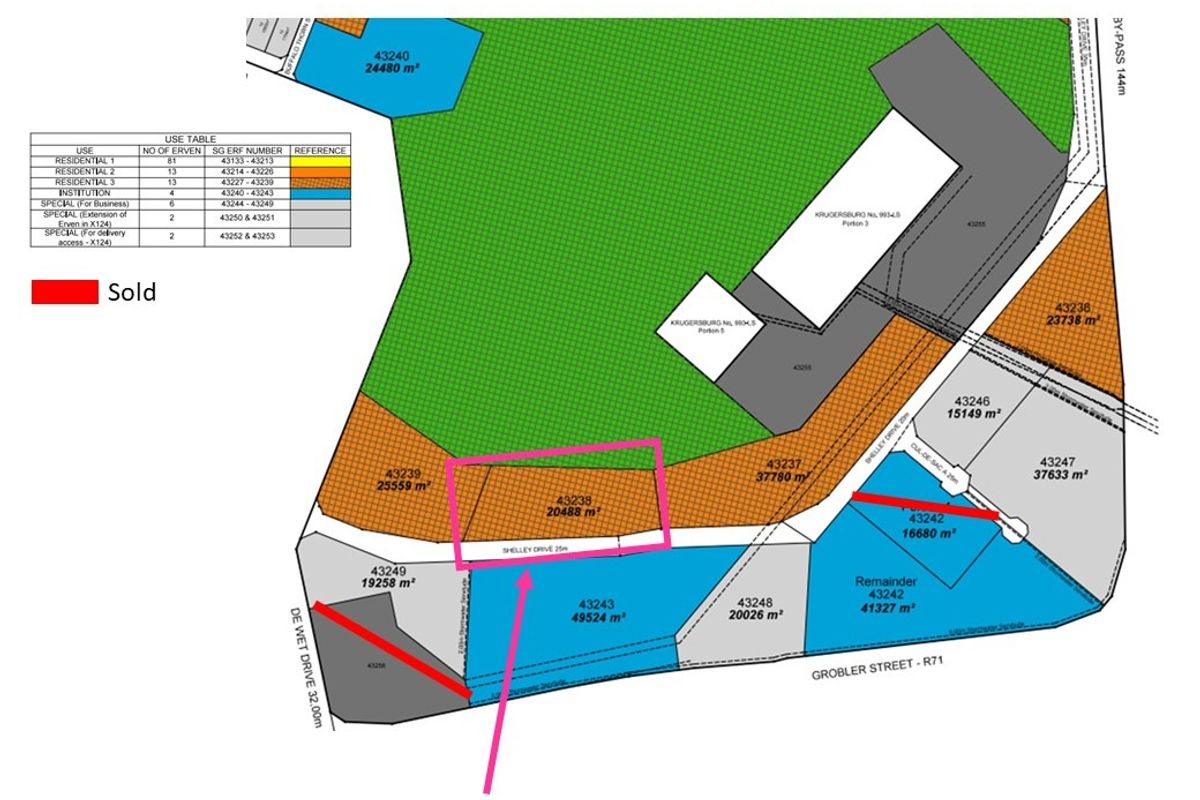 A site layout plan showing the commercial land parcel and surrounding erven with street access points.