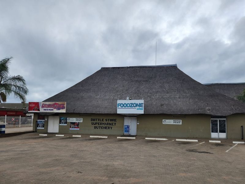 Front elevation of a commercial small holding property featuring a large thatch roof, paved parking area, and multiple retail storefront entrances.