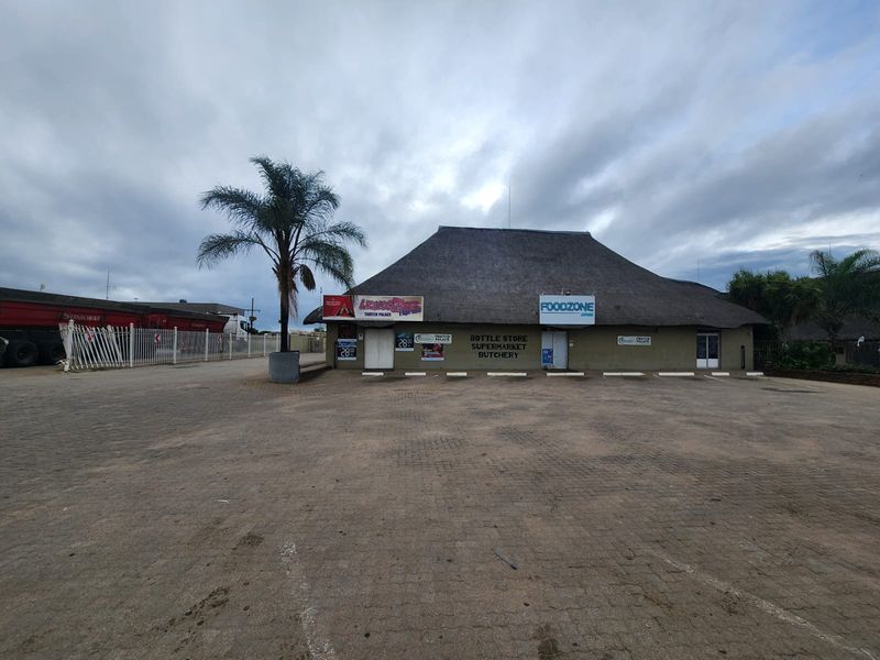 Front view of a commercial small holding property featuring a large thatch-roof building with paved parking and established signage.