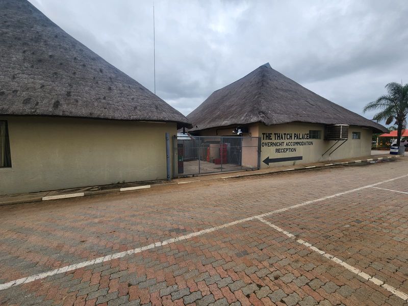 Exterior view of The Thatch Palace reception area featuring traditional thatched roofing and paved parking area.