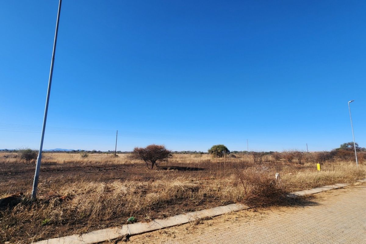 A view of a vacant commercial land plot featuring natural vegetation, street lighting, and paved verge access.