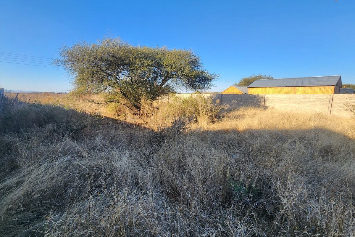 A view of a vacant commercial plot featuring a perimeter wall, mature tree, and overgrown dry vegetation.