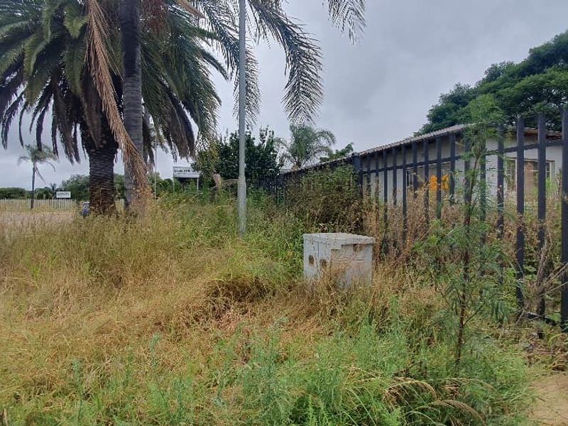 A view of the commercial vacant land frontage featuring metal security fencing, a utility junction box, and overgrown vegetation.