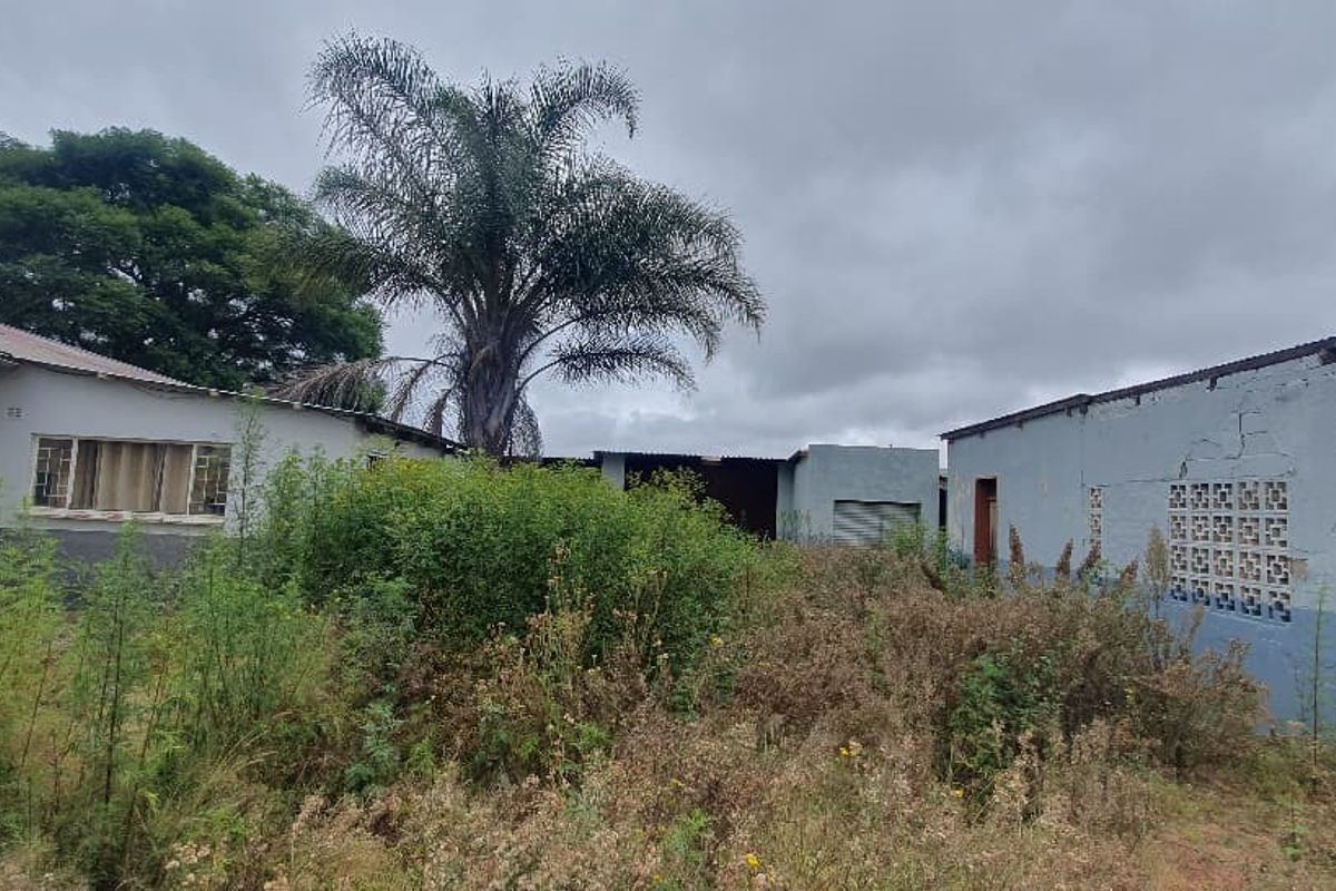 Rear view of the commercial property showing multiple structures, metal roller doors, and significant overgrown vegetation requiring maintenance.