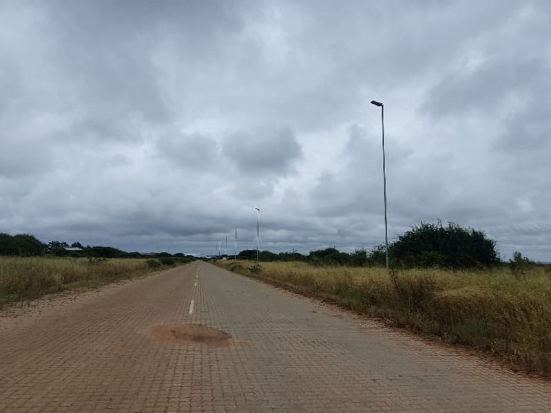 A view of a paved access road with street lighting, serving the vacant commercial land parcel.