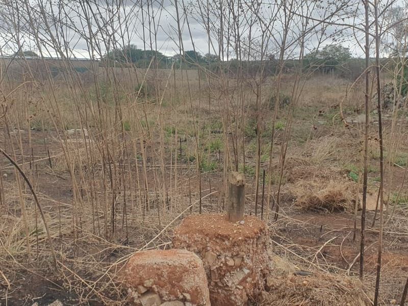 A view of a vacant commercial land plot featuring dry vegetation and a concrete survey marker on the property.