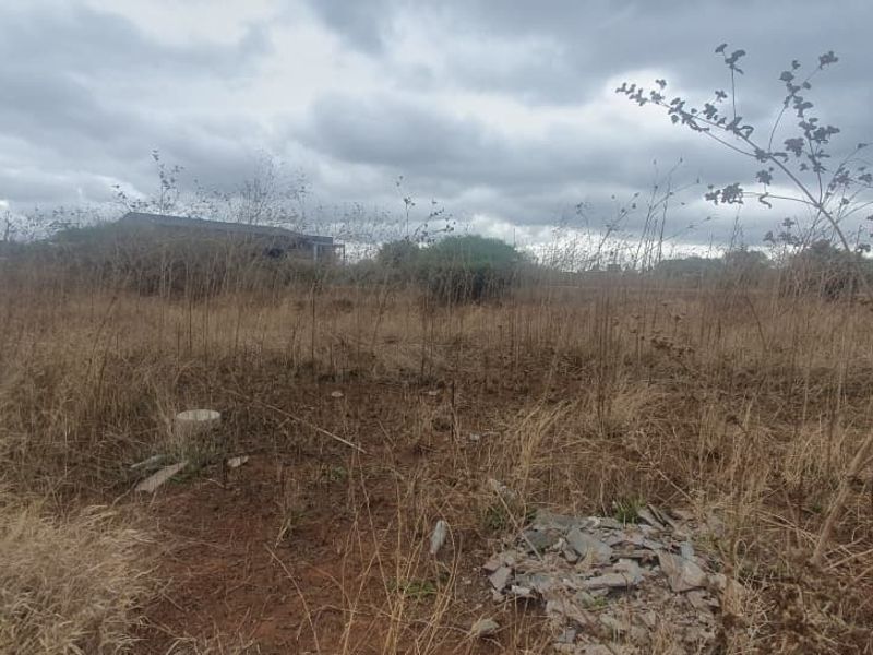 A view of a vacant commercial land plot featuring dry, overgrown vegetation and uneven terrain under an overcast sky.