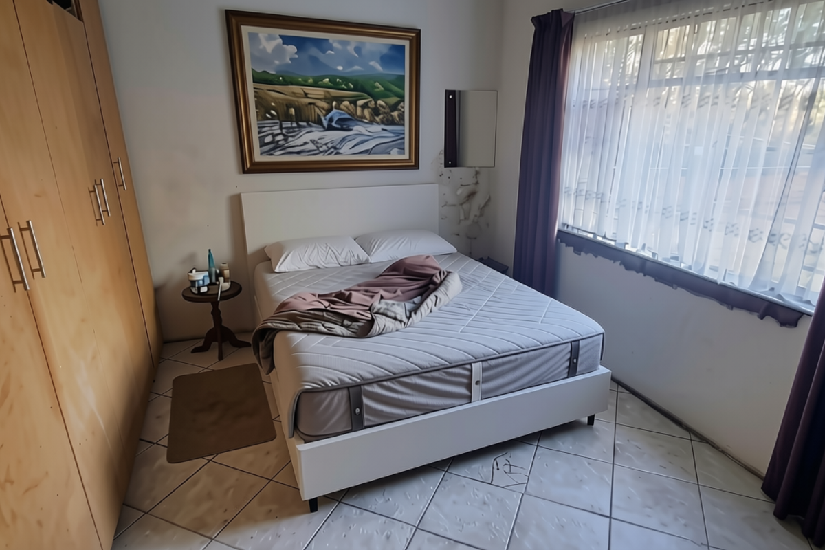 A bedroom featuring built-in wooden cupboards, tiled flooring, and a large window allowing natural light into the space.