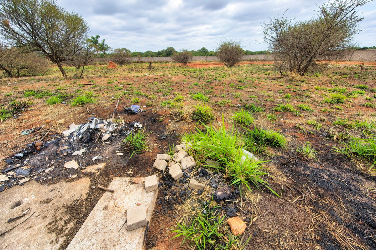 Vacant residential land featuring natural vegetation, a perimeter wall, and areas of debris and scorched ground.