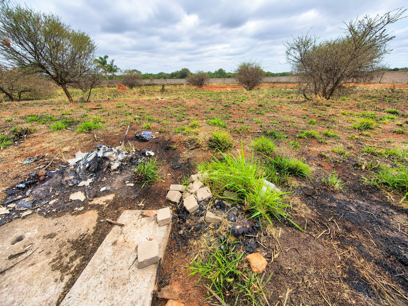 Vacant residential land featuring natural vegetation, a perimeter wall, and areas of debris and scorched ground.