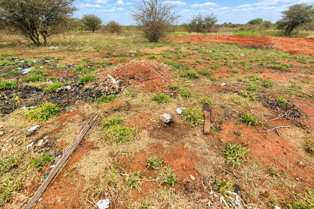 An undeveloped residential plot featuring natural scrub vegetation and red soil, currently requiring clearing and site preparation.