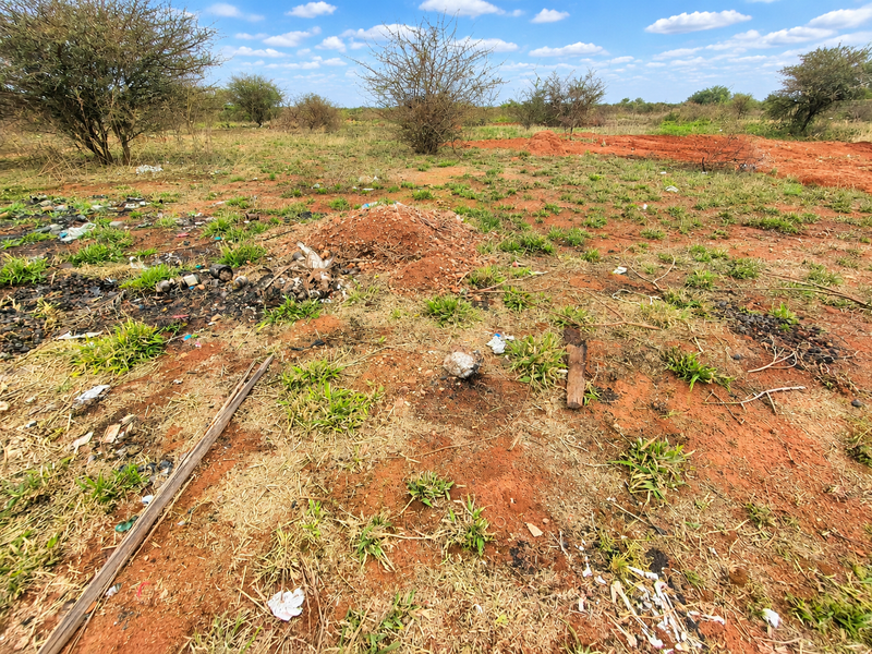 An undeveloped residential plot featuring natural scrub vegetation and red soil, currently requiring clearing and site preparation.