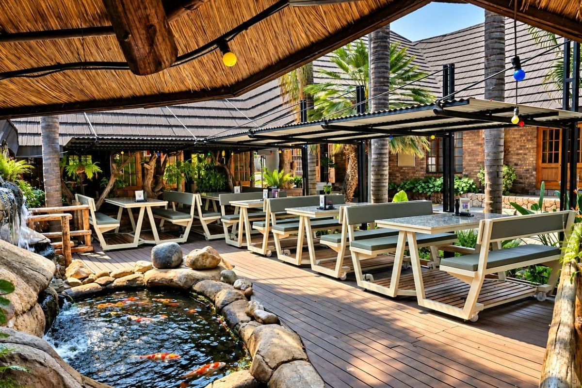 A charming outdoor patio area featuring a thatched roof, timber decking, and a decorative stone koi pond with a water feature.