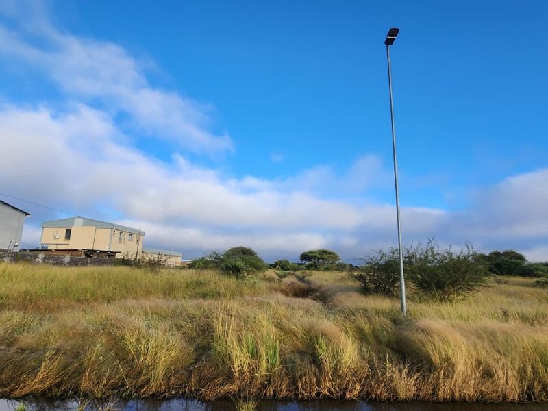 A view of a vacant commercial land plot featuring natural grass cover, a street light, and adjacent building structures.