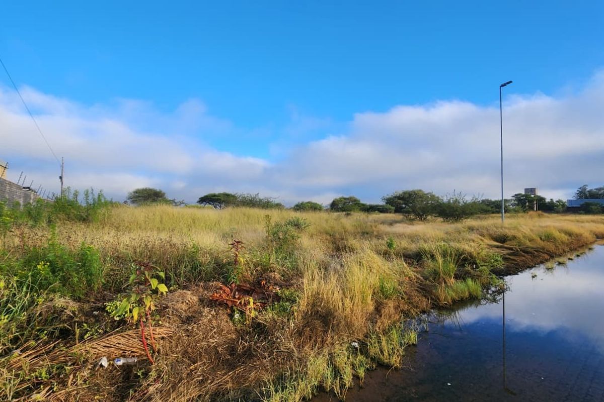 A view of a vacant commercial land plot featuring perimeter electric fencing, street lighting, and natural vegetation alongside a drainage channel.