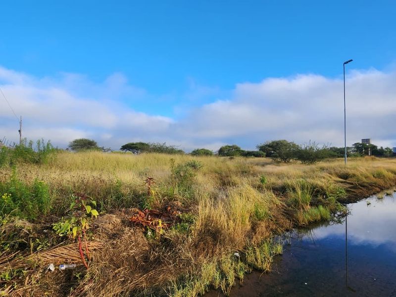 A view of a vacant commercial land plot featuring perimeter electric fencing, street lighting, and natural vegetation alongside a drainage channel.