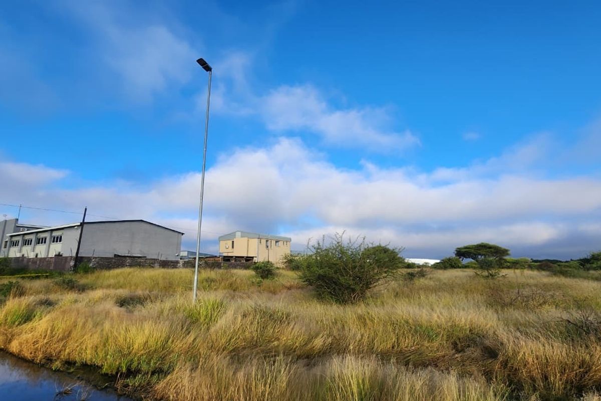 A view of a vacant commercial land plot featuring natural vegetation, a street light, and adjacent industrial buildings.