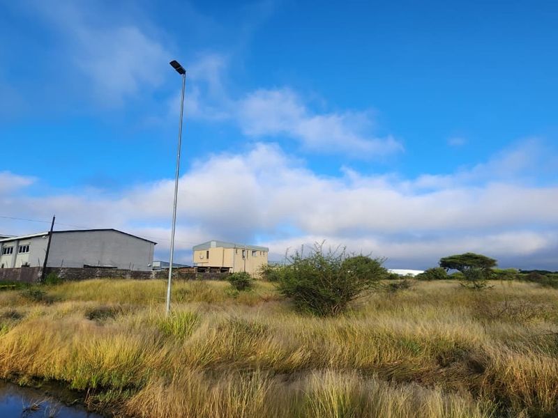 A view of a vacant commercial land plot featuring natural vegetation, a street light, and adjacent industrial buildings.
